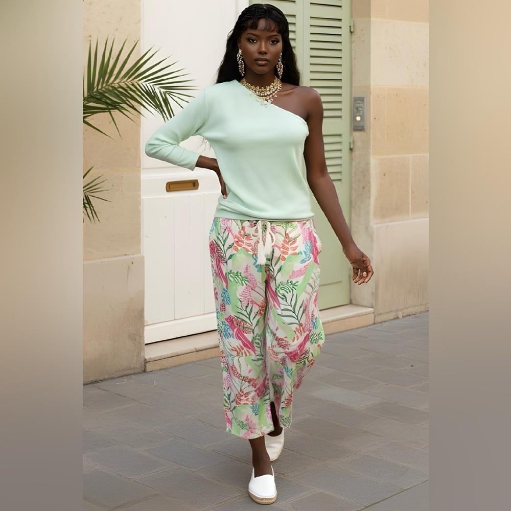 Cynthia Rowley SZM pink/green/white multicolored 100% linen pants, waist 28”-38”